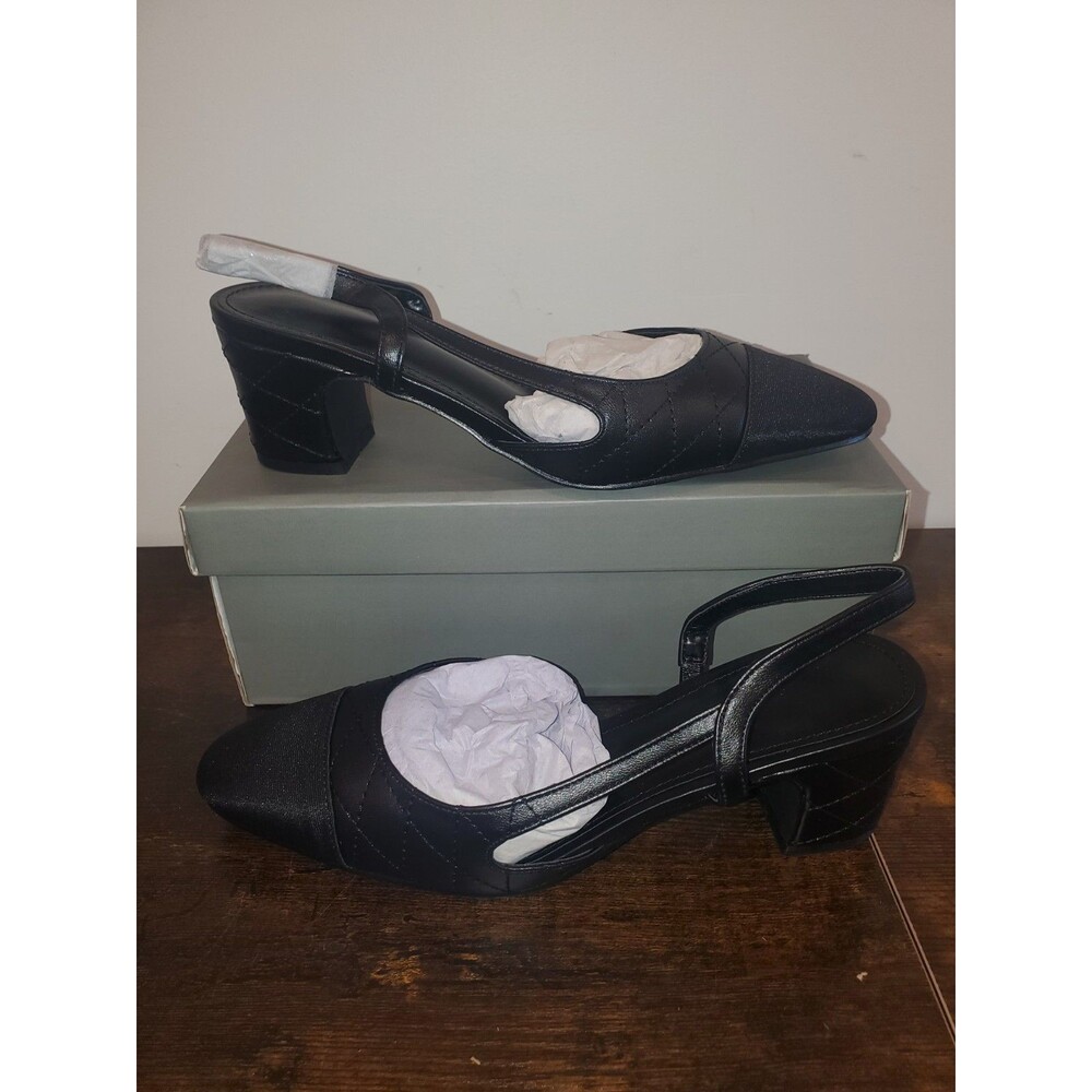 Black Quilted Leather Cap Toe Slingback Pumps Heels Size 7